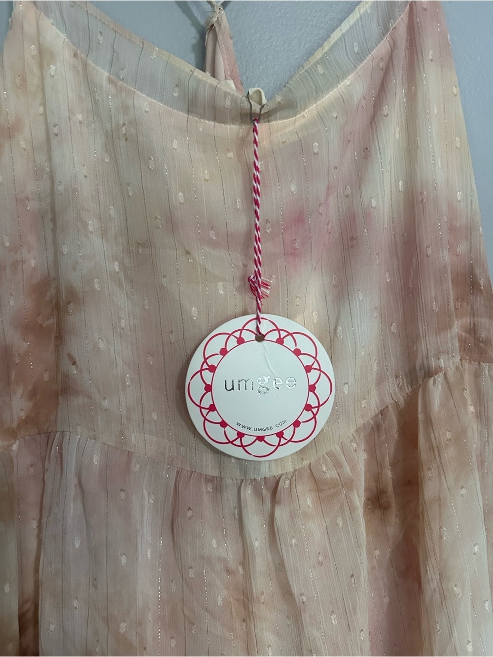 Umgee Pink Tie Dye Swiss Dot Tiered Boho Mini Dress NWT L Linen Cotton Blend - Picture 6 of 9